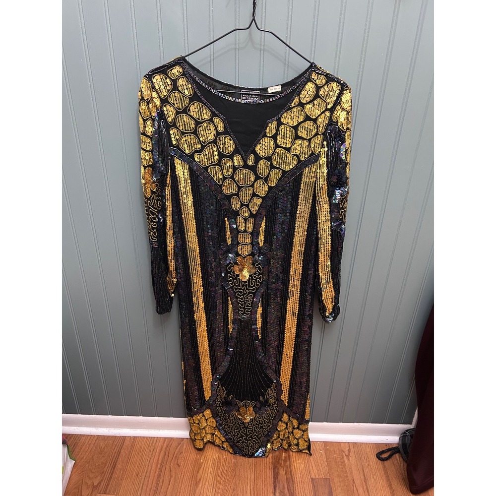 Vintage Gold Black Sequin Silk Dress Art Deco Beaded Midi Long Sleeve RN 60540
